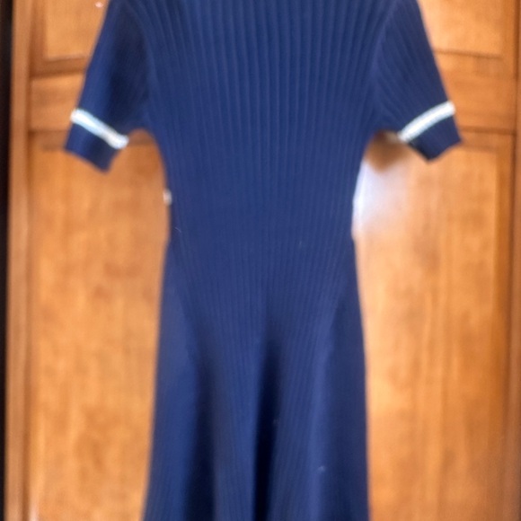 Navy Ribbed Knit Polo Dress with White Stripes- Small- NEW - Picture 12 of 12